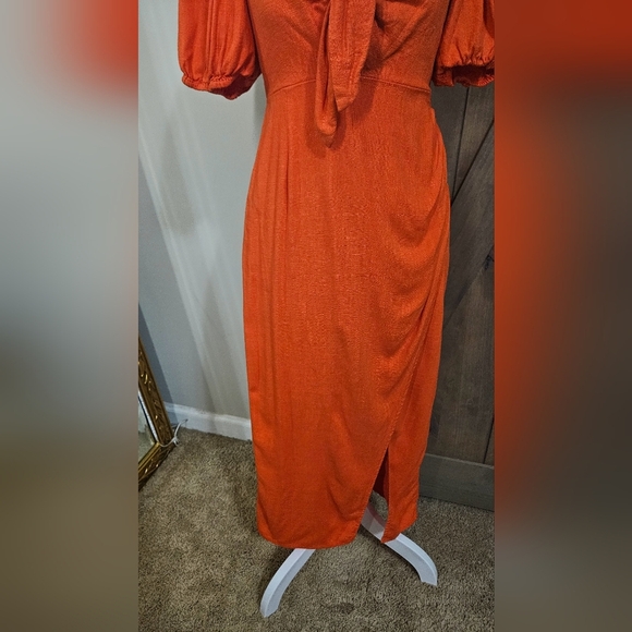 LUSH Orange/Red Linen Blend Front Tie Short Puff Sleeve Front Midi Dress.Size S - Picture 13 of 16